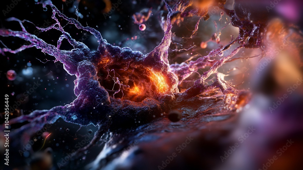 Poster close-up view of a neuron cell, with a bright, fiery core and intricate dendrites.