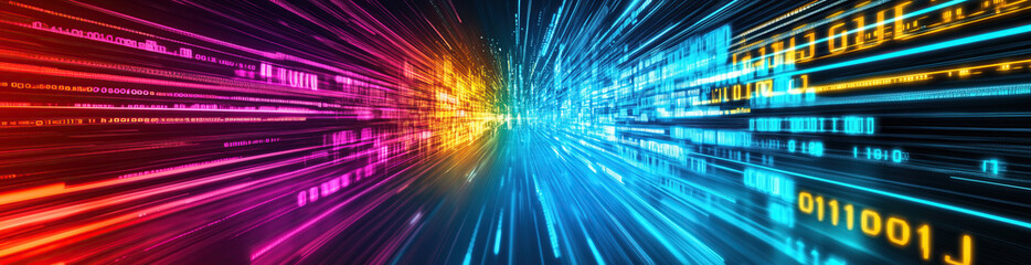 Fototapeta premium Bright beams of color representing data flow create a captivating representation of artificial intelligence technology in a digital landscape