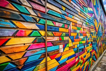 Fototapeta premium Colorful upcycled material graffiti wall art with tilted angle