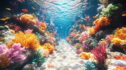 Fototapeta premium Vibrant underwater scene with colorful coral reefs and fish.