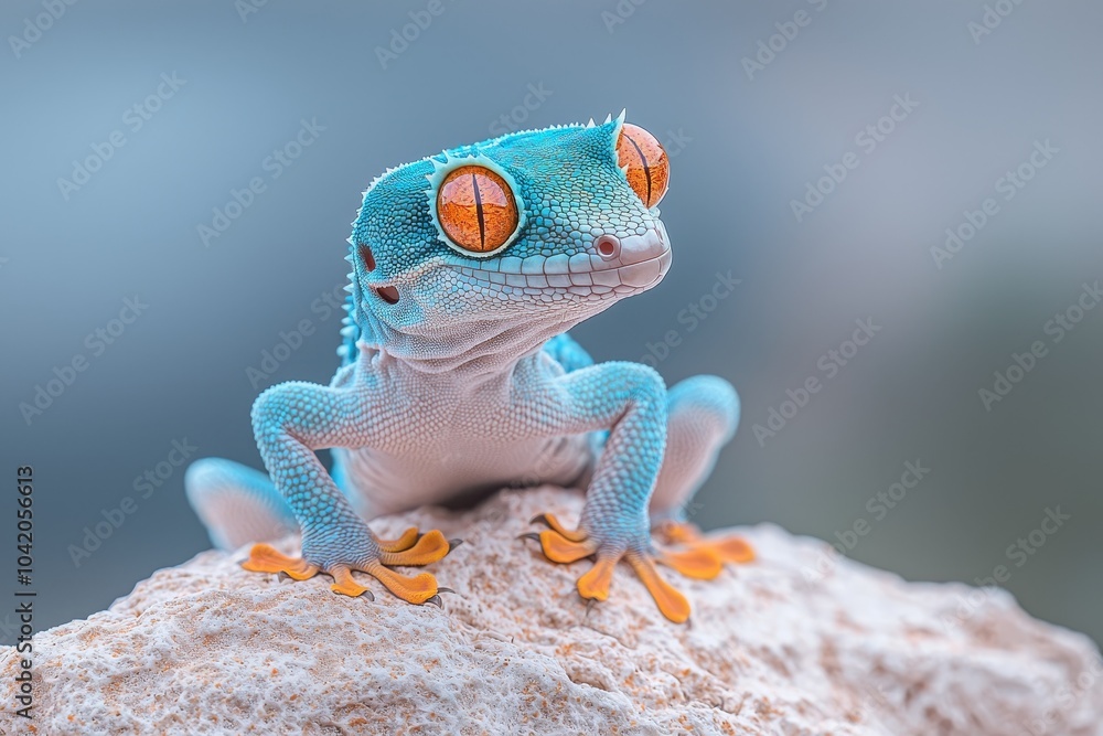 Wall mural Vibrant Blue and Orange Gecko Closeup on Textured White Rock - Wildlife Alertness in Nature