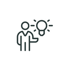 Creative idea, innovation solution, fact, tip, outline icon. Line sign glowing light bulb in hands. Vector isolated pictograms for web and app on white background editable stroke.