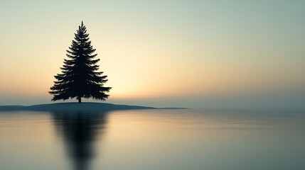 Silhouette of a Christmas Tree on a Calm Water Surface