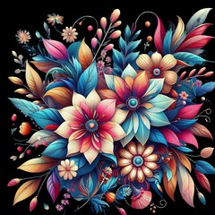 A colorful picture of flowers and leaves with