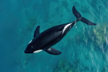 Obraz premium Orca gliding gracefully through crystal-clear blue waters in a vibrant marine ecosystem