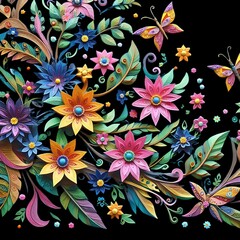 A colorful picture of flowers and leaves with