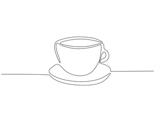 Continuous one line drawing of tea cup. One line drawing illustration of hot tea in cup. International tea day concept line art. Editable outline