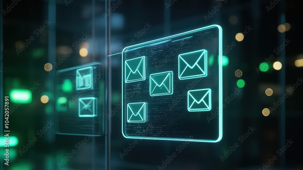 Poster futuristic digital interface with glowing email icons representing communication in a modern tech en