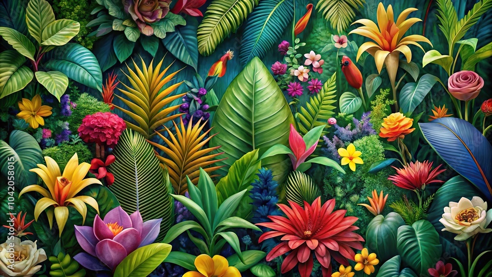 Wall mural Colorful wallpaper of exotic plants and flowers in forced perspective