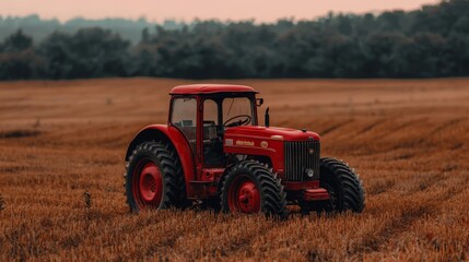 Fototapeta premium Tranquil Red Tractor in Rural Sunset Field - Rustic Farm Landscape Serenity