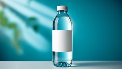 Clear water bottle with white label on a bright background. Hydration and health concept. Generative AI