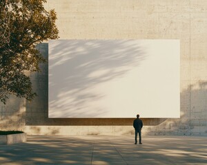 Urban Minimalism Closeup of Blank Billboard on Textured Concrete Wall with Tree - Serene Contemporary Architecture Concept