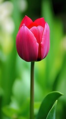 Beautiful red tulip blooming amidst green surroundings in a vibrant spring garden