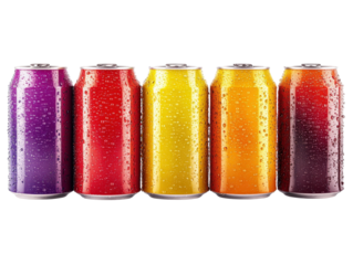 Vibrant colorful beverage cans with water drops