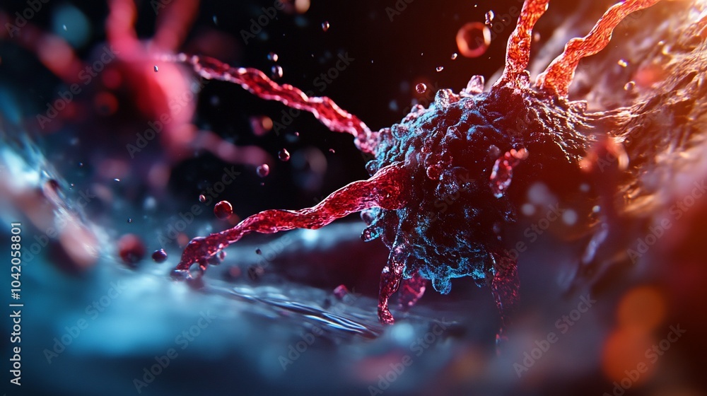 Poster close-up of a red and blue cell with splashing droplets against a dark background.