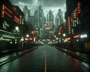 Fototapeta premium Cyber Rain - Futuristic Cityscape in Neon Lights and Rainy Atmosphere