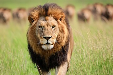 Fototapeta premium Majestic lion prowls through the lush grasslands of the savannah during golden hour