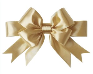 Naklejka premium Luxurious Gold Satin Bow Close-Up on White Background - Elegant Festive Ribbon for Gifts and Decor