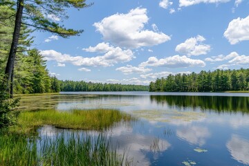 Serene summer day by the tranquil lake surrounded by lush greenery and vibrant skies