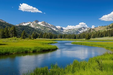 Tranquil river winding through lush green valleys and majestic mountains on a sunny day