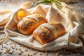 Surreal Still Life of Sesame Seed Bread on White Tablecloth - Dreamy Culinary Art