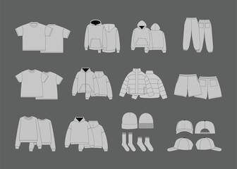 Streetwear Mockup Pack Template Bundle – Editable Vectors for Clothing Designers  Collection of various clothing items including t-shirts, hoodies, jackets, pants, shorts, beanies, and caps flats