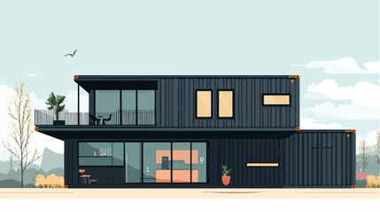 Fototapeta premium Illustration of a modular house. Modular house made from shipping containers. Modern house.