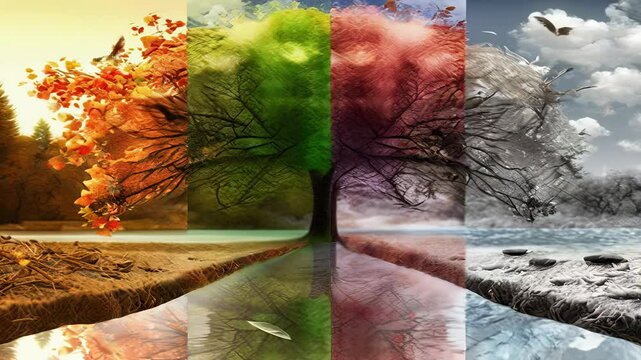 The four seasons in a tree reflected in the water of a lake. Concept of weather changing and cycle of nature in time.