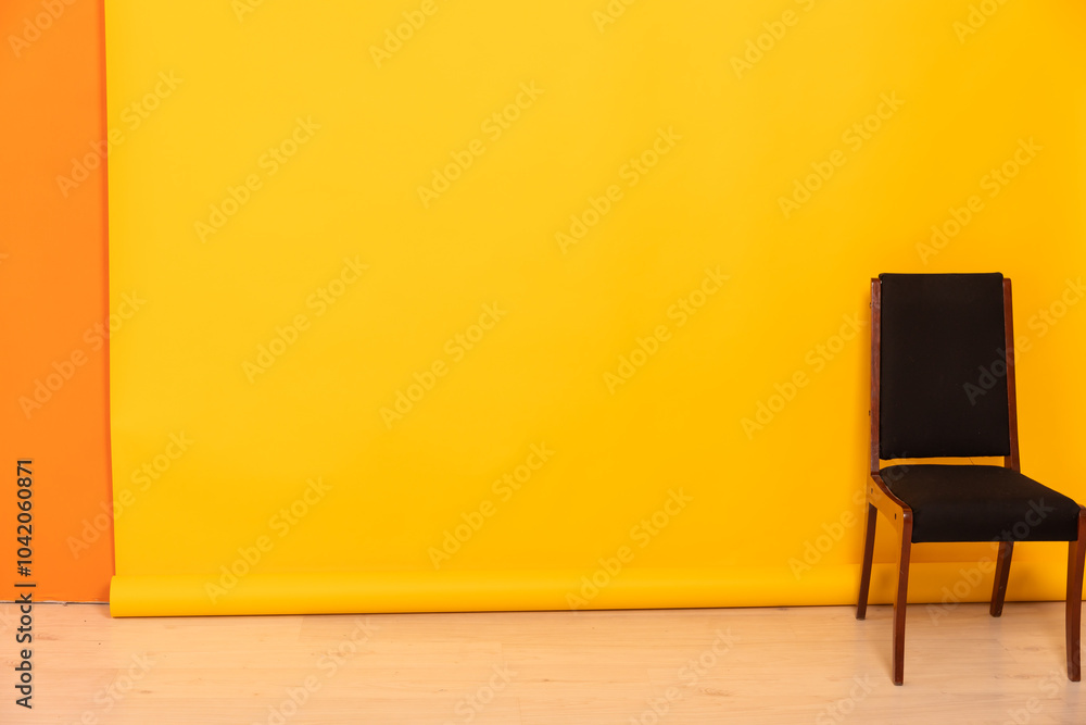 Poster One Old Vintage Chair In Yellow Room Interior