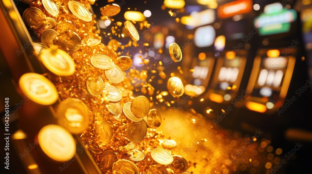 Poster golden coins spill from a slot machine, creating a dazzling display in a lively casino environment, 