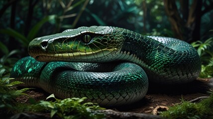 Obraz premium A green snake with a bright yellow eye, coiled on the forest floor, with green foliage in the background.