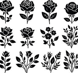 A simplistic representation of a set rose flowers silhouette in a flat vector style, featuring a clean design against a white background