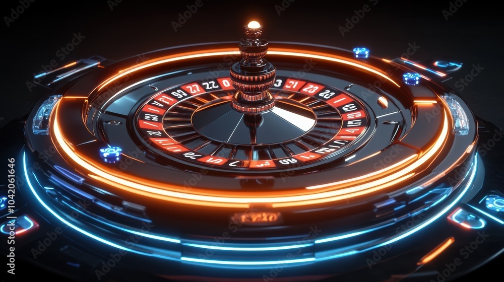 Aufkleber A roulette table glows with neon numbers, creating an electrifying atmosphere at a bustling casino during a lively gaming session. Generative AI