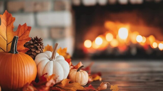 Autumnal Fireplace Scene: Pumpkins, pinecones, and autumn leaves create a cozy autumnal tableau before a warm, inviting fireplace. Perfect for Thanksgiving, fall decorations, or seasonal warmth. 