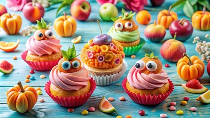 Obraz premium Sweet Peach Monster Treats: Colorful Food Photography for Dessert Lovers