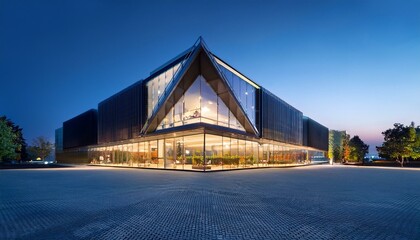 Obraz premium Contemporary glass building viewed from outside, glowing interior at night. Urban development concept. 3D Rendering
