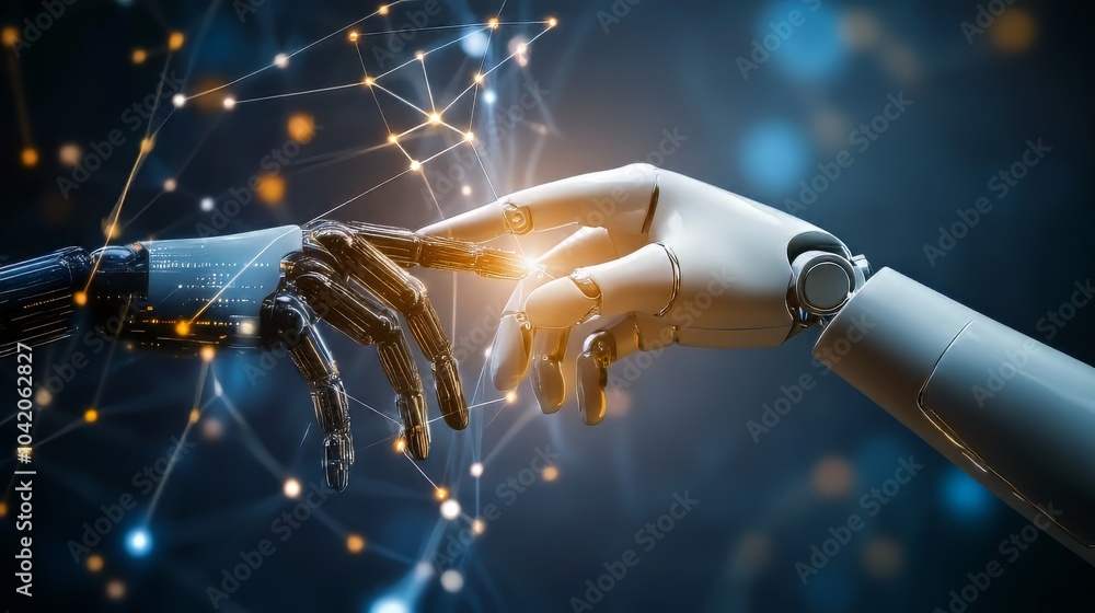 Poster ai, machine learning, human and robot hands touching on big data network, futuristic science and tec