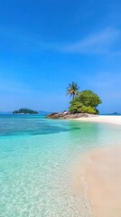 Naklejka premium A tranquil tropical beach with crystal-clear waters and a solitary palm tree on the shore