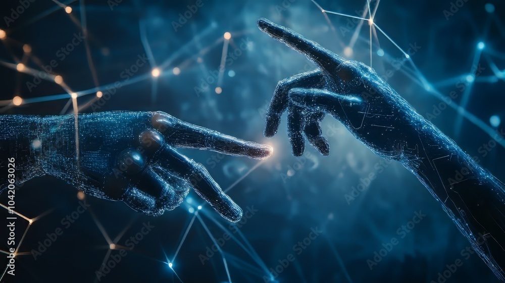 Poster ai, machine learning, human and robot hands touching on big data network, futuristic science and tec
