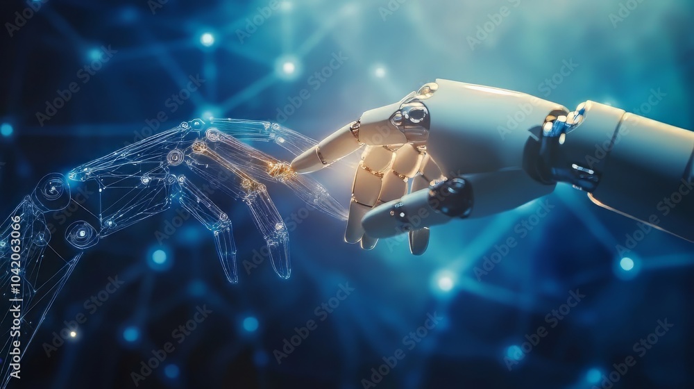 Poster ai, machine learning, human and robot hands touching on big data network, futuristic science and tec