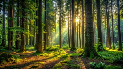 Fototapeta premium Tall Dense Trees in Dark Woods - Lush Forest Litter and Green Bushes