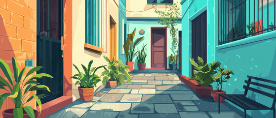 A vibrant alleyway lined with colorful walls and lush plants, featuring a stone pathway and a welcoming door.