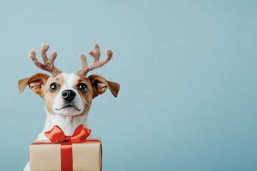 Cute dog with reindeer antlers and giftbox with red ribbon , with ample copy space for text. 