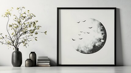 Modern Minimalist Wall Art with Bats and Moon