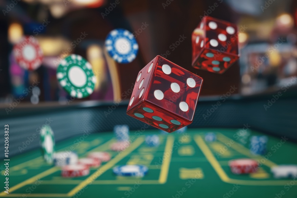 Poster red dice soar through the air above a craps table, scattered chips creating a lively atmosphere as p