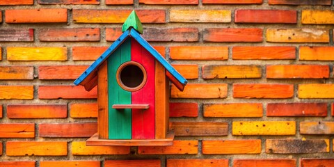Colorful wooden birdhouse with red windows and orange bricks in the background