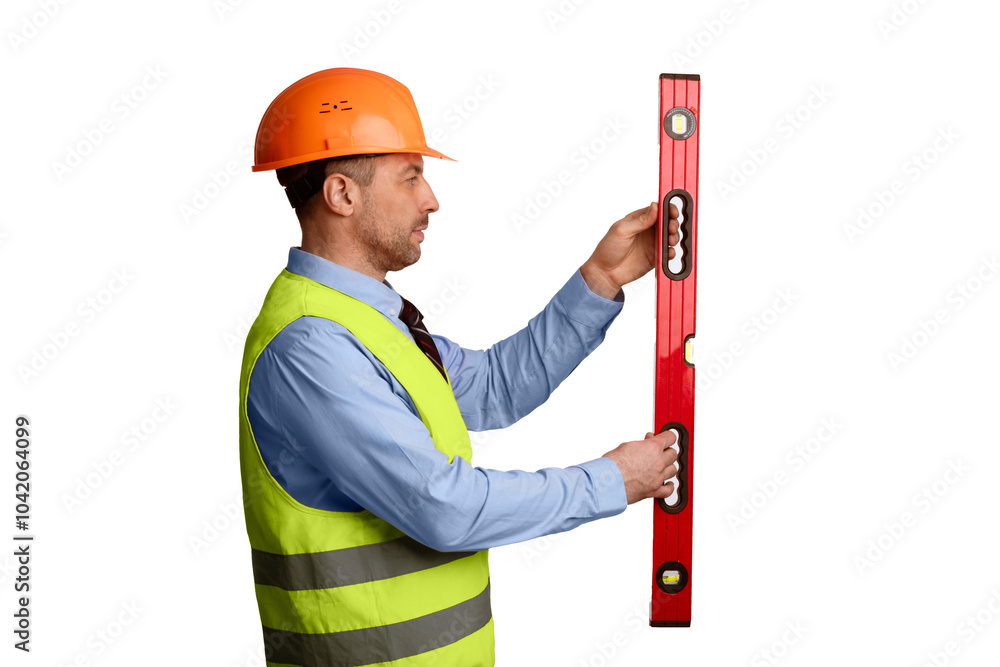 Poster professional builder holding building level working standing over white background in studio, wearin