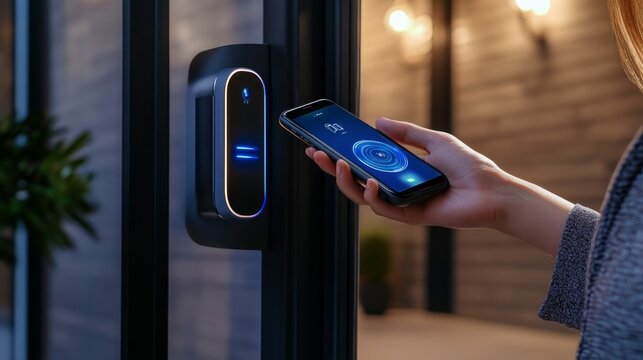 A woman passes a phone scan to her home's digital door lock security system.
