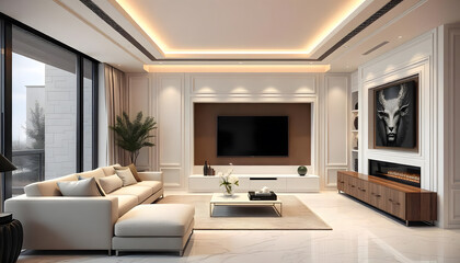 Elevation rendering of a room modern luxury style with interior desgin built-in white wall with tv cabinet with stylish sofa