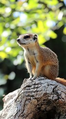 Fototapeta premium Meerkat perched on a log, basking in sunlight amidst leafy green surroundings